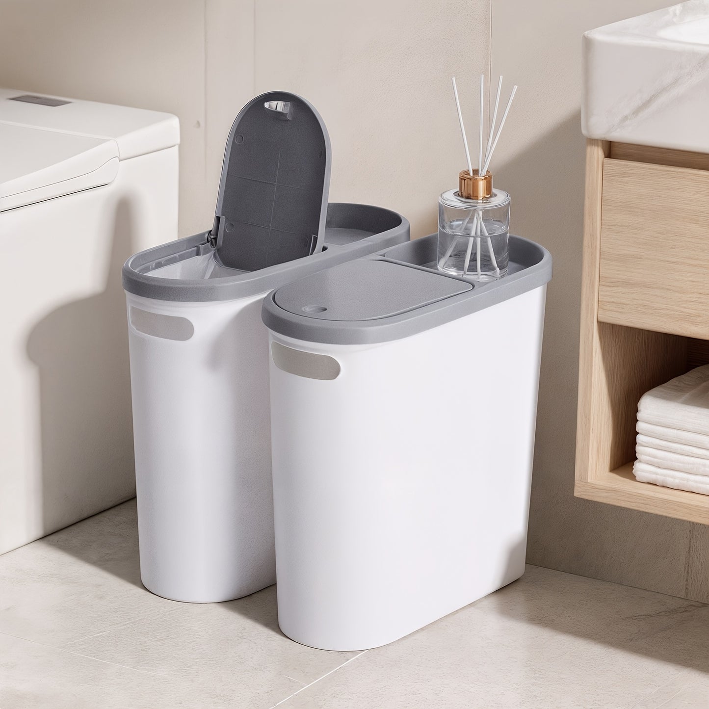 Small Bathroom Trash Can with Built-In Handles Rustproof Space Saving Plastic Waste Bin for Bathroom Laundry Office Includes Trash Bags