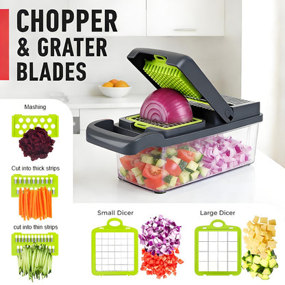 Vegetable Chopper 18-in-1 Multifunctional Food Chopper & Mandoline Slicer with Container – Onion Dicer, Adjustable Cutter for Kitchen Meal Prep, Gray