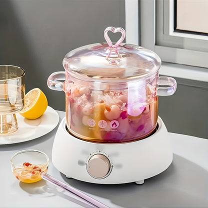 Pink Glass Cooking Pot with Heart-Shaped Lid 1500ml - Multifunctional Boiling Stewing Pot for Pasta Soup Congee Noodles Compatible with Electric Ceramic Stove (Pink)