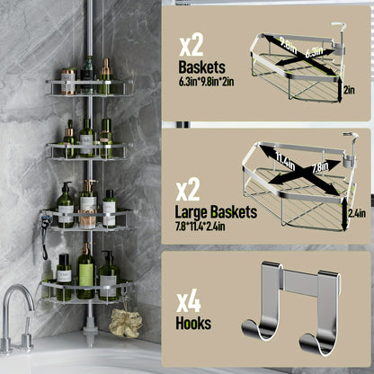 Corner Shower Caddy Tension Pole No Drilling Shower Organizer Shelf with Hooks for Bathroom Bathtub Shampoo Soap Storage Adjustable Height Rustproof