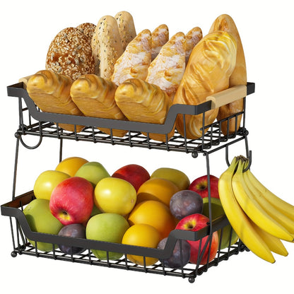 Fruit Basket with Banana Hanger, 2-3 Tier Metal Countertop Organizer with Wooden Handle — Detachable Kitchen Storage Stand for Fruits, Vegetables & Bread | Large Capacity | Black