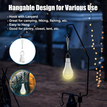 USB Rechargeable Light Bulbs 2-Pack with Remote Control Dimmable Timer 3 Color Temperatures E26 9W 350LM 2000mAh Emergency LED Bulb with Hook for Camping