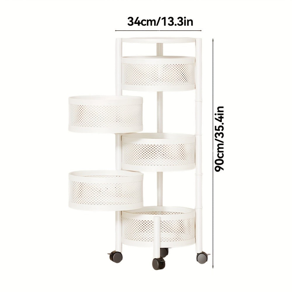 Rotating Storage Rack Multi-Tier Rolling Cart – 360° Swivel Round Floor Standing Organizer with 4 or 5 Layers, Vegetable Basket & File Rack for Kitchen, Bathroom, Office & Living Room (Black / White)