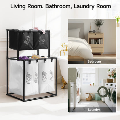 Laundry Sorter 2 Compartment Hamper – 2-Tier Metal Frame Laundry Hamper with Handles, Breathable Mesh Bags & Cable Ties – Space-Saving Clothes Organizer for Home, Bedroom & Apartment