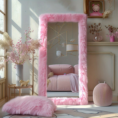 Full Length Mirror with Faux Fur Frame 24x63 Inch Leaning Floor Mirror for Bedroom Living Room Hallway Vanity Dressing Mirror Pink Gray White