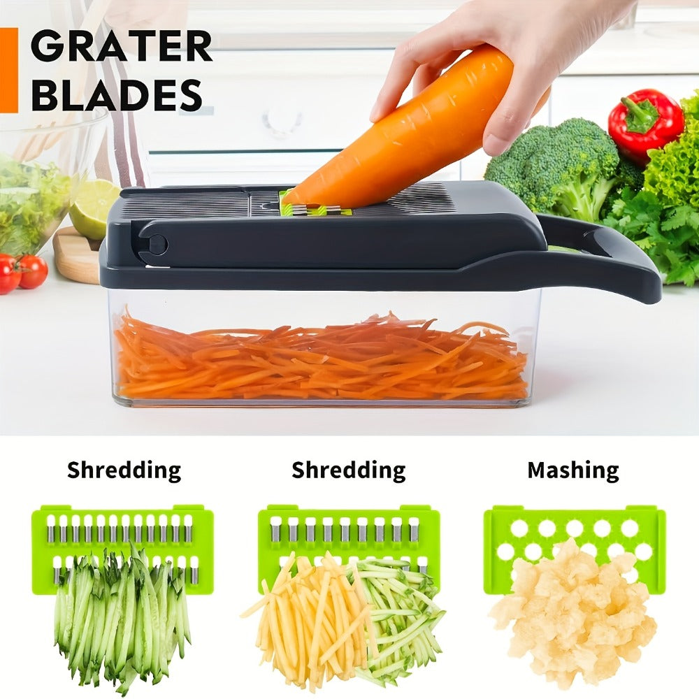 Vegetable Chopper 16-in-1 Multifunctional Food Chopper Slicer & Dicer – Manual Kitchen Chopper with 8 Interchangeable Blades & Container for Fruits, Vegetables & Onions – 1-10L Capacity