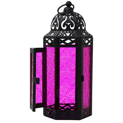 Moroccan Candle Lantern Holder - Decorative Metal & Glass Lantern with Embossed Floral Design for Indoor Home Decor, Garden, Patio, Weddings, Ramadan, Halloween & Holiday Celebrations - 10.5" Tall Medium Size