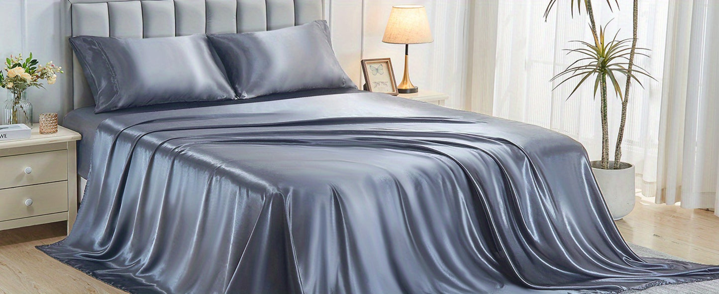 Satin Bed Sheet Set 4 Pcs – Luxury Silky Smooth Hotel-Quality Bedding, Wrinkle-Free Deep Pocket Fitted Sheet, All-Season Elegant Satin Sheets – Twin, Full, Queen & King, Multiple Colors