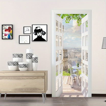 Door Sticker Balcony Scenery Wall Mural – Removable Waterproof Peel & Stick Large Wall Art for Bedroom & Living Room, Faux Window View Home Decor, 35.43 x 78.74 Inches
