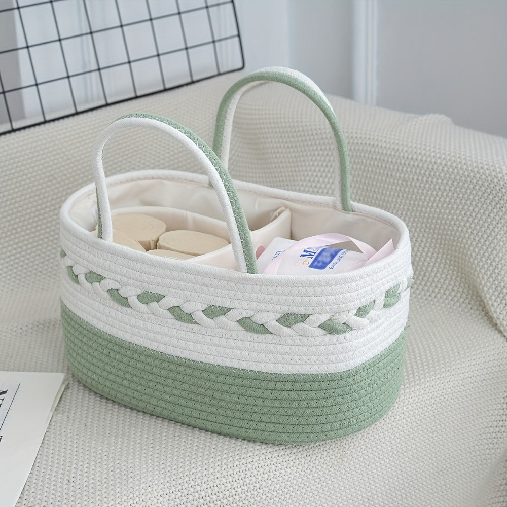 Boho Rope Storage Basket Woven Foldable Organizer 14" Large Capacity - Removable Lining Striped Shelf Basket with Handle for Home Bedroom Living Room Laundry Decor