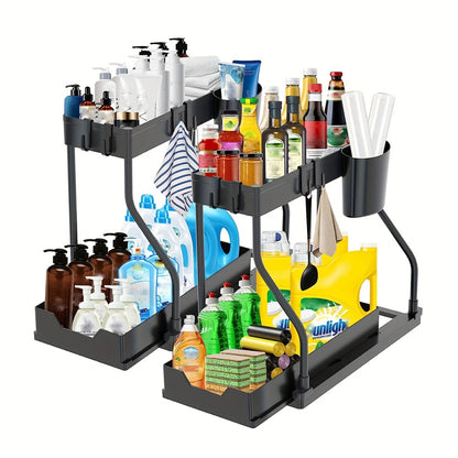 Under Sink Organizer 2pcs with Sliding Shelves – Durable Pull-Out Cabinet Storage for Bathroom Kitchen Space Saving Vertical Design