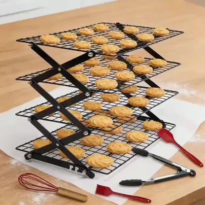 Foldable Cooling Rack Set – Stackable Oven Cookie Cake Drying Rack with Free Baking Tools (Silicone Spatula, Egg Beater, Tongs, Brush) | 3/4/5 Tier Options for Kitchen, Camping & Holiday Baking