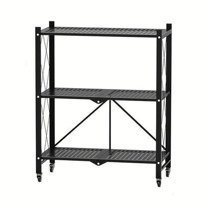 Storage Rack 3-5 Tier Foldable Shelving Unit with Wheels - Portable Multi-Layer Floor Standing Utility Shelf Organizer for Bedroom Closet Kitchen Office Black White
