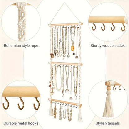 Boho Jewelry Organizer Wall Mount Hanging Rack Hand Woven Tassel Necklace Earring Bracelet Holder 30 Hooks Bedroom Decor Display Stand