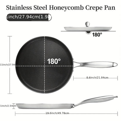 Stainless Steel Crepe Pan 11 Inch Dual Honeycomb Non-Stick PFOA-Free with Lid – Triply Steel Pancake Griddle for Tortillas | Induction Gas Electric Ceramic Compatible Home Camping BBQ Cookware