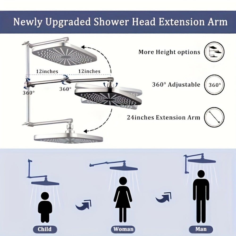 Rain Shower Head with Handheld Combo 12 Inch High Pressure Rainfall Showerhead Set – 4-Function Spray, 3-Way Diverter, 2-Stage Extension Arm & 71" Hose, Matte Black / Chrome / Brushed Nickel