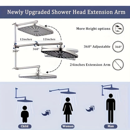 Rain Shower Head with Handheld Combo 12 Inch High Pressure Rainfall Showerhead Set – 4-Function Spray, 3-Way Diverter, 2-Stage Extension Arm & 71" Hose, Matte Black / Chrome / Brushed Nickel