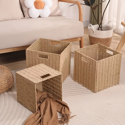 Rattan Storage Basket Foldable Square Wicker Laundry Hamper with Frame Natural Handwoven Organizer Bin for Bedroom Living Room Bathroom Clothes Toys
