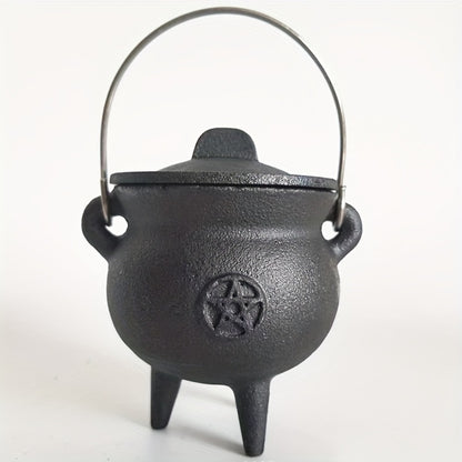 Cast Iron Cauldron with Lid & Handle – Witchcraft Incense Burner, Spell Ritual Pot, Halloween Decor, Pentagram & Triple Moon Styles, Pagan Altar Cauldron