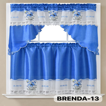 Kitchen Curtains 3 Piece Set Embroidered Satin Valance and Tiers - Rod Pocket Light Filtering Machine Washable 46 Colors Available All Season Home Decor