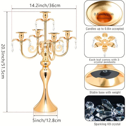 Metal Candelabra Centerpiece 2 Pack – 5-Arm Golden Taper Candle Holder Stand 20.3" Tall for Wedding Table Decor, Party, Church, Dining Room, Christmas & Halloween Vintage Event Decoration
