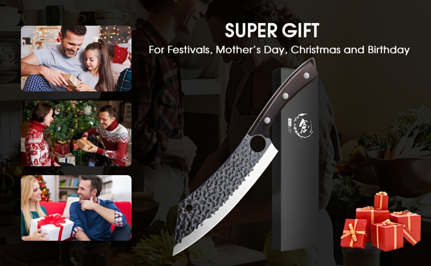 Butcher Knife 8 Inch Hand Forged High Carbon Steel Cleaver – Meat & Vegetable Chopping Knife with Finger Hole, Wooden Handle