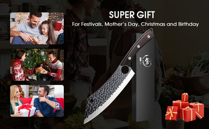Butcher Knife 8 Inch Hand Forged High Carbon Steel Cleaver – Meat & Vegetable Chopping Knife with Finger Hole, Wooden Handle