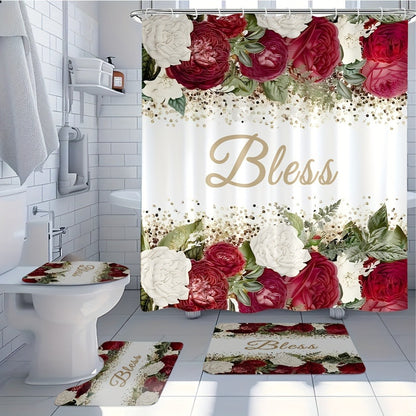 Rose Print Shower Curtain 4-Piece Bathroom Set – Toilet Lid Cover Mat Machine Washable with 12 Hooks Elegant Floral Decor
