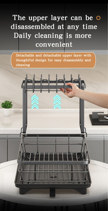 2-Tier Metal Dish Drying Rack with Cutlery Holder Cup Holder & Rust-Proof Drip Tray – Space Saving Countertop Kitchen Organizer