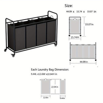Laundry Hamper Cart with 4-Bag Sorter, Heavy-Duty Rolling Lockable Wheels & Removable Bags — Laundry Basket Organizer for Bedroom, Bathroom & Laundry Room | Beige, Gray, Black, Assorted