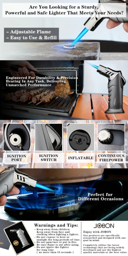 Butane Torch Lighter with Gift Box - Jobon Adjustable Flame Kitchen Torch, BBQ Camping Lighter for Men, Child Safety Lock, Windproof Refillable Jet Flame, Holiday Birthday Gift (Gas Not Included)