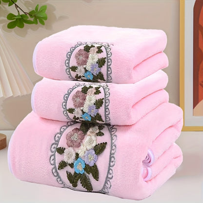 Embroidered Flower Towel Set 3-Piece Soft Absorbent Skin-Friendly Bath Towel and Face Towels for Bathroom Home Bathing Beach