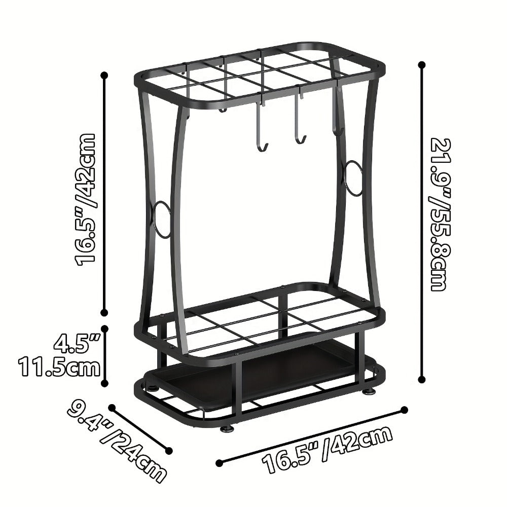Metal Umbrella Stand with Drip Tray – 4-Tier Freestanding Umbrella Holder, Sleek Polished Finish, Space-Saving Entryway Storage for Home Office & Commercial Use, Black
