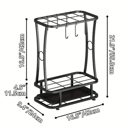 Metal Umbrella Stand with Drip Tray – 4-Tier Freestanding Umbrella Holder, Sleek Polished Finish, Space-Saving Entryway Storage for Home Office & Commercial Use, Black