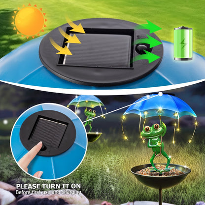 Solar Garden Decor Frog with Umbrella LED Light – Iron Frog Outdoor Statue with Solar Powered LED | Bird Feeder Garden Ornament for Patio, Lawn, Pathway & Deck | Unique Valentine Gift Yard Decoration