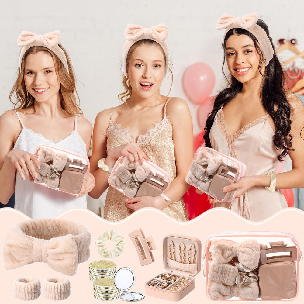 Spa Party Favors Set 48pcs for Women – Sleepover Party Supplies with Headband, Wristband, Scrunchies, Hair Clip, Jewelry Case, Makeup Bag & Mirror, Bridesmaid Proposal Gift, Girls Night Return Gifts