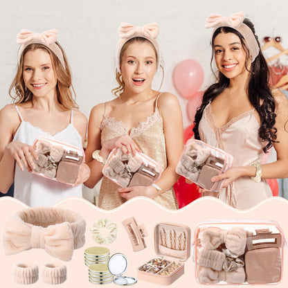 Spa Party Favors Set 48pcs for Women – Sleepover Party Supplies with Headband, Wristband, Scrunchies, Hair Clip, Jewelry Case, Makeup Bag & Mirror, Bridesmaid Proposal Gift, Girls Night Return Gifts