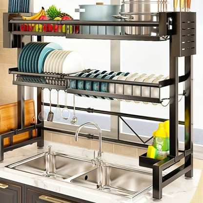 Over-the-Sink Dish Drying Rack Expandable 2-Tier 304 Stainless Steel Adjustable 30-34 Inch with Utensil Holder Knife Holder Cutting Board Holder and 5 Hooks for Kitchen