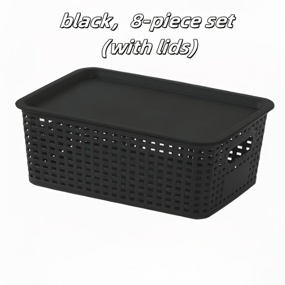 Storage Basket Set with Lids 8pcs – Plastic Desktop Organizer Bins for Document Storage, Shelf Organization & Home Office – Flip-Top Lid Baskets, White