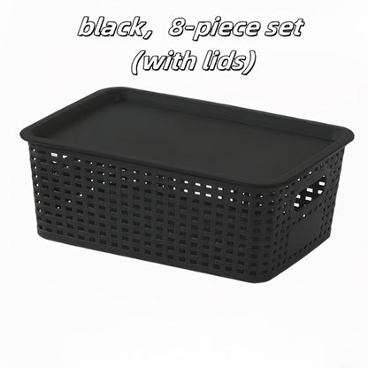 Storage Basket Set with Lids 8pcs – Plastic Desktop Organizer Bins for Document Storage, Shelf Organization & Home Office – Flip-Top Lid Baskets, White