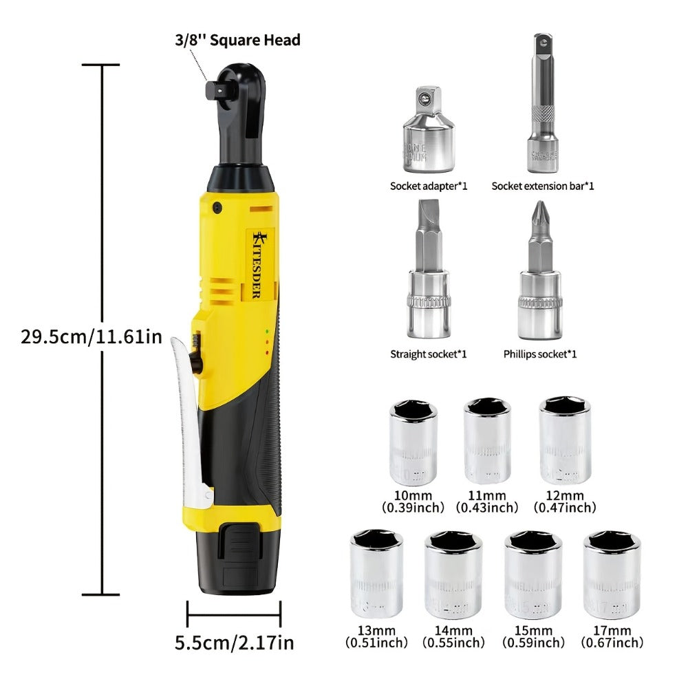 12V Electric Ratchet Wrench Set 400 RPM | 3/8" Cordless Power Ratchet Tool Kit with Variable Speed, 7 Sockets, 2.0Ah Lithium Battery & Fast Charger – Pipeline & Auto Repair