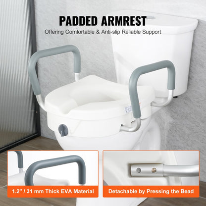 Raised Toilet Seat with Arms for Seniors & Elderly - 5 Inch Elevated Toilet Seat, 350 lbs Capacity, Twist Lock, Adjustable Armrests with Padding, Fits Round & Elongated Toilets