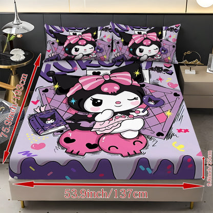 Sanrio Hello Kitty & Kuromi Bedding Set 3pcs – Fitted Sheet & Pillowcases, Soft Polyester, Machine Washable, Twin Full Queen King, All-Season Bedroom Decor for Kids Girls Home Guest Room
