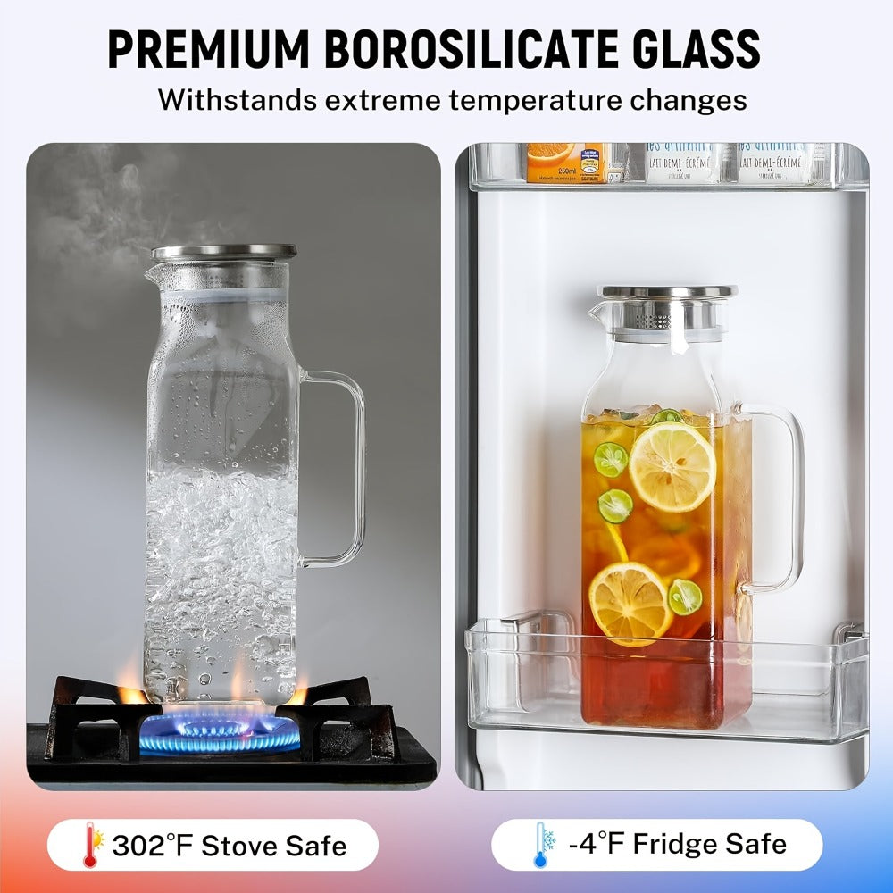 Glass Pitcher with Lid & Handle 2L 68oz – Square Borosilicate Water Jug, Heat Resistant Carafe for Fridge, Iced Tea, Coffee & Cold Drinks – 2 or 4 Pack with Optional 16oz Cups