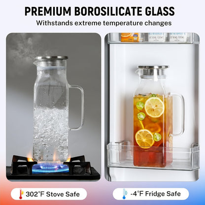 Glass Pitcher with Lid & Handle 2L 68oz – Square Borosilicate Water Jug, Heat Resistant Carafe for Fridge, Iced Tea, Coffee & Cold Drinks – 2 or 4 Pack with Optional 16oz Cups