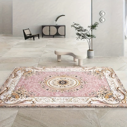 Luxury Velvet Area Rug 852 GSM Machine Washable Low-Pile Floral Checkered Non-Slip Polyester Carpet for Bedroom Living Room Dining Room Office Vintage Elegant Home Decor