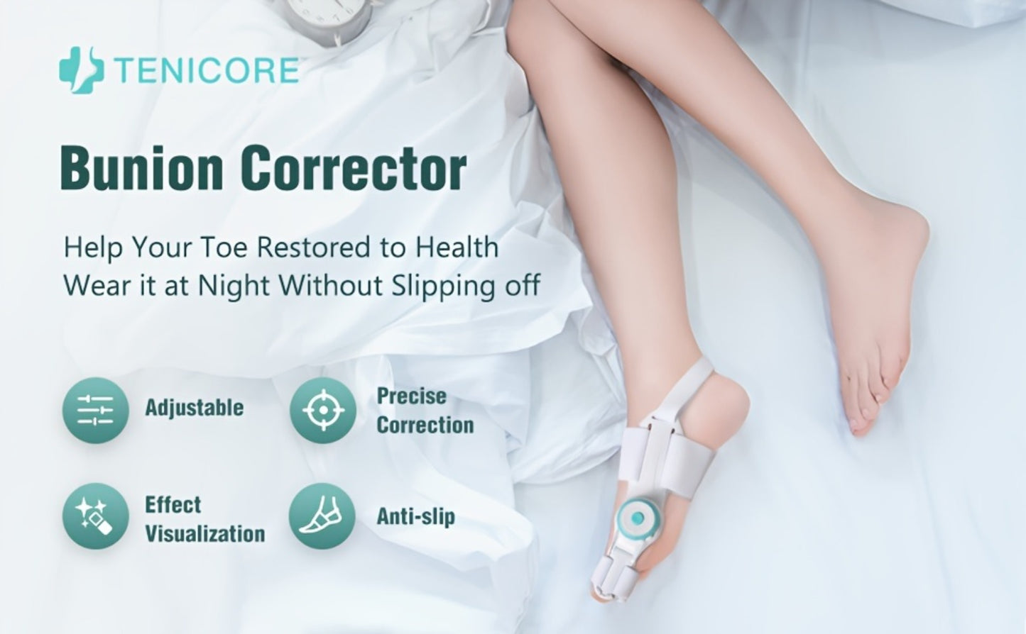 Bunion Corrector Big Toe Night Splint, Adjustable Hallux Valgus Brace with Knob & Heel Strap for Left & Right Foot, Toe Straightener for Men & Women – Relieves Bunion Pain & Corrects Toe Alignment (1pc)