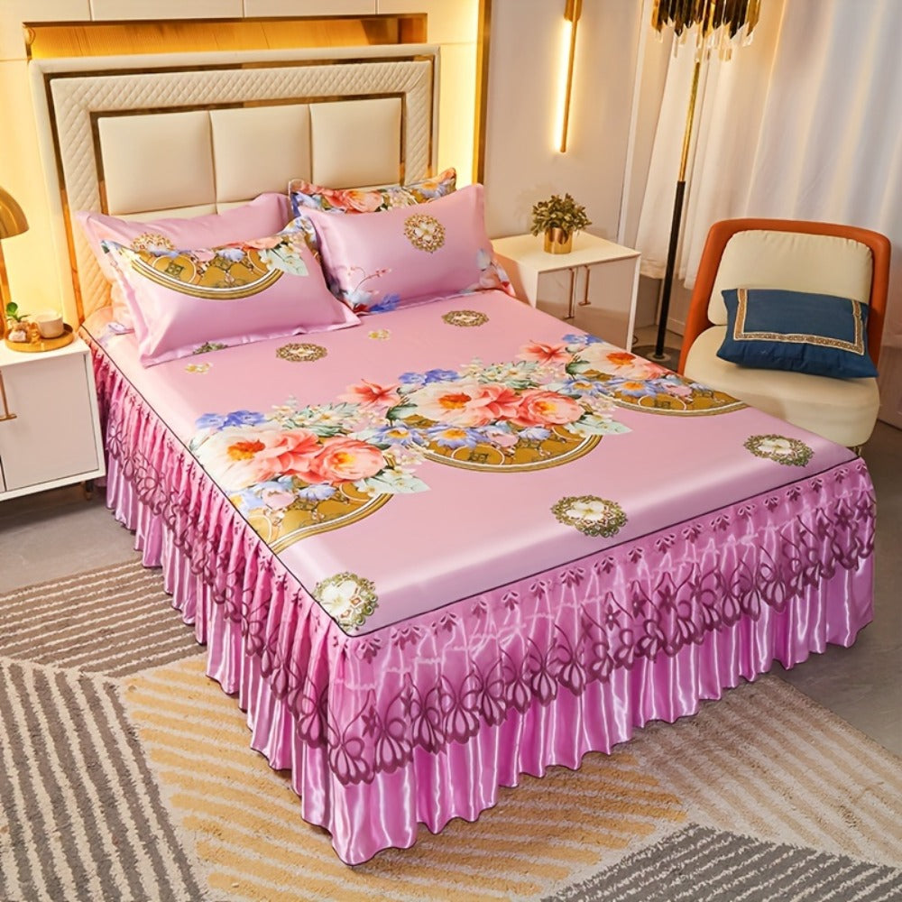 Floral Ruffle Bed Skirt Cool Mat 3 Piece Set with Pillowcase, Double Layer 360° Full Wrap Washable Cooling Mattress Cover, Breathable Summer Bedding Set for Twin Full Queen King, Parisian Romantic Floral