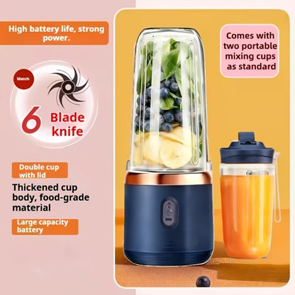 Portable Wireless Juicer Blender Double Cup - USB Rechargeable 6-Blade Mini Blender with 1500mAh Battery, Multifunctional Smoothie Maker for Home, Travel, Gym & Outdoor, Blue & Pink