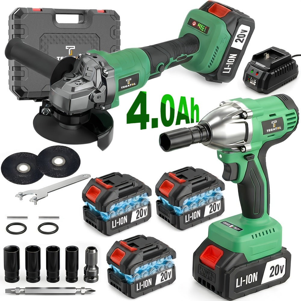 20V Brushless Power Tool Combo Kit | 4-Tool Cordless Set with Impact Wrench, Hammer Drill, Angle Grinder & Electric Drill – 3 Batteries Included for Home Renovation & Construction